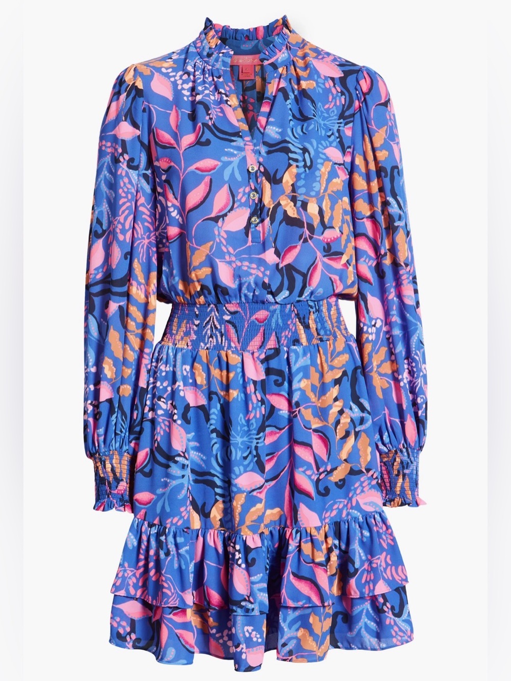 Lilly Pulitzer Shilah Botanical Blue Multi Floral Tiered Long-Sleeve Dress
